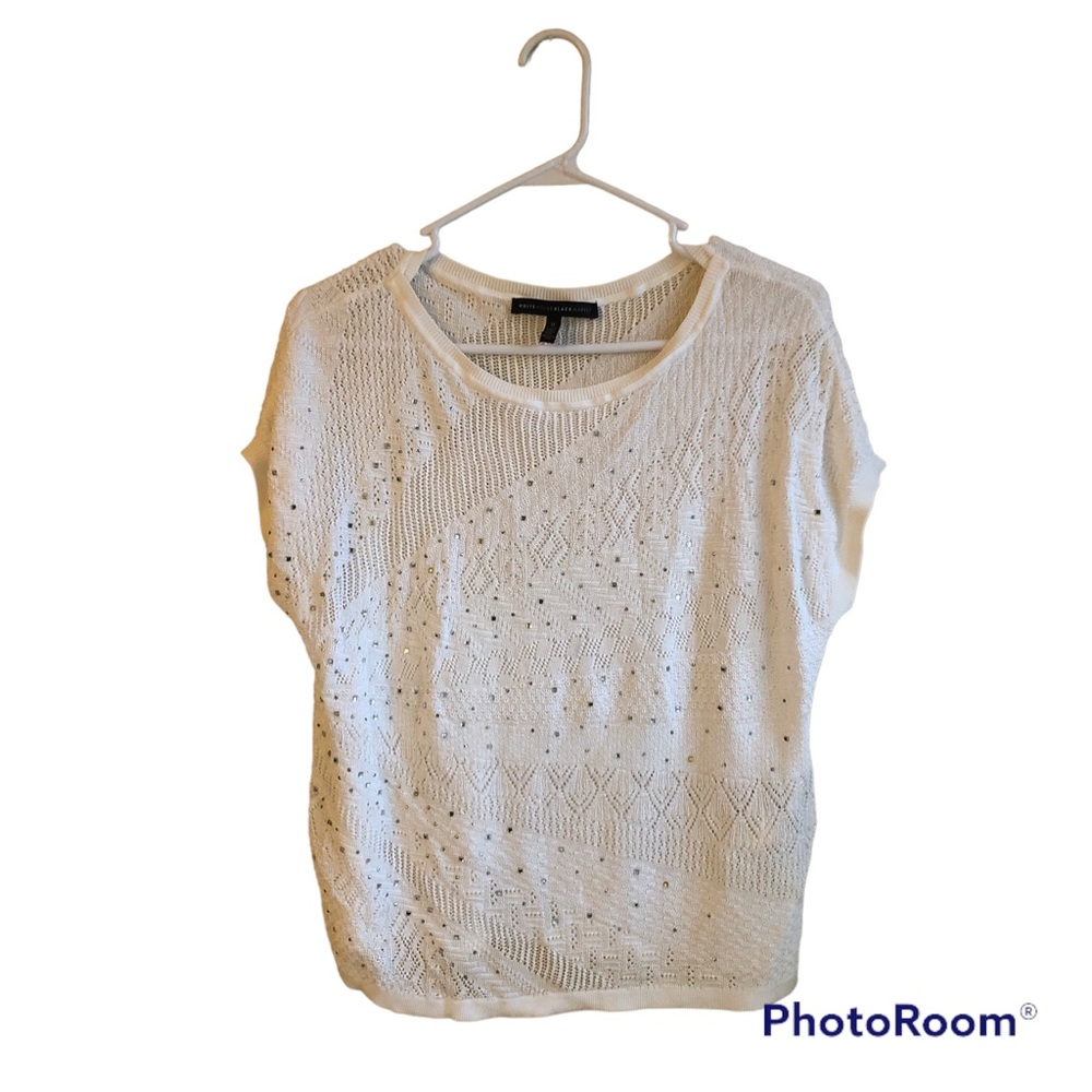 WHBM - White Mesh Short Sleeve Sweater Top with Silver Accent